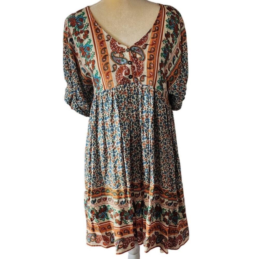 Umgee Cream and Blue Smocked Puff Sleeve Sundress